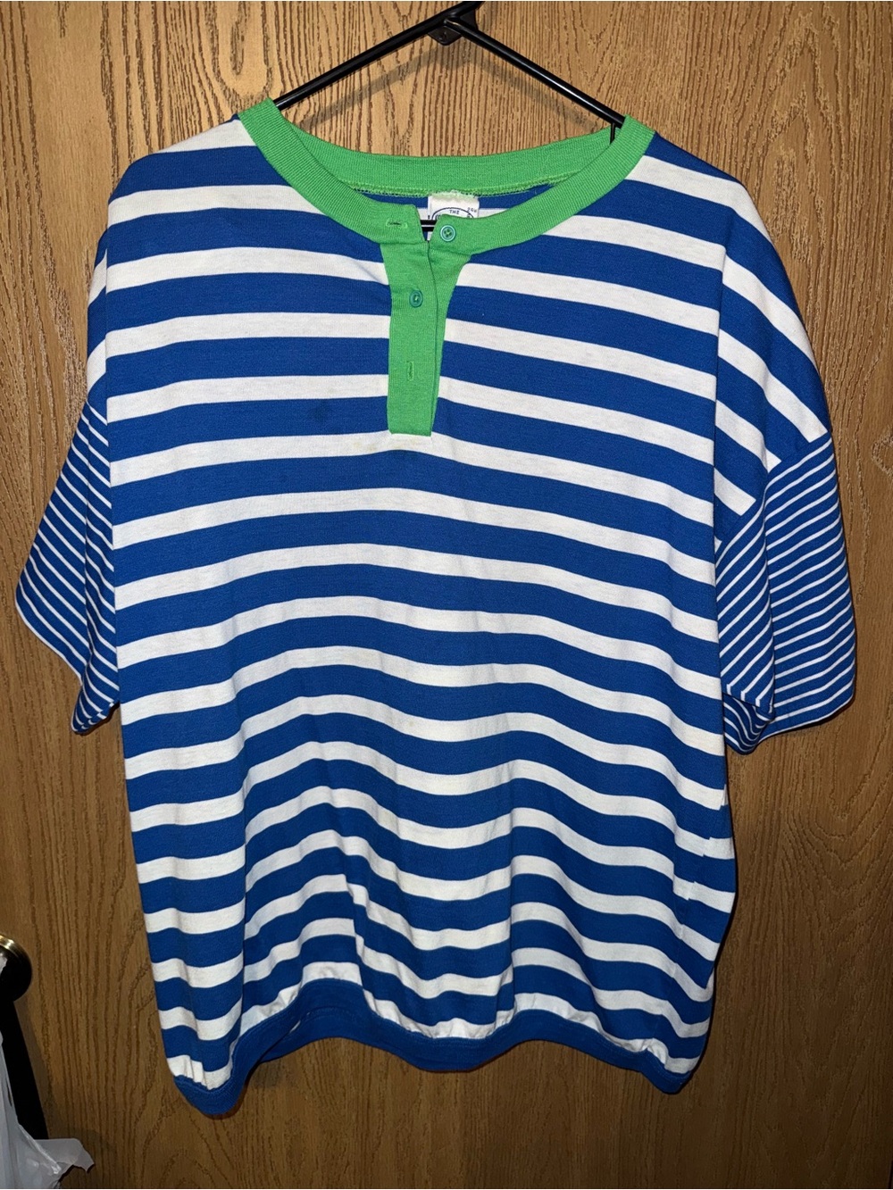 Striped Blue & White Long Sleeve Tee with Green Trim